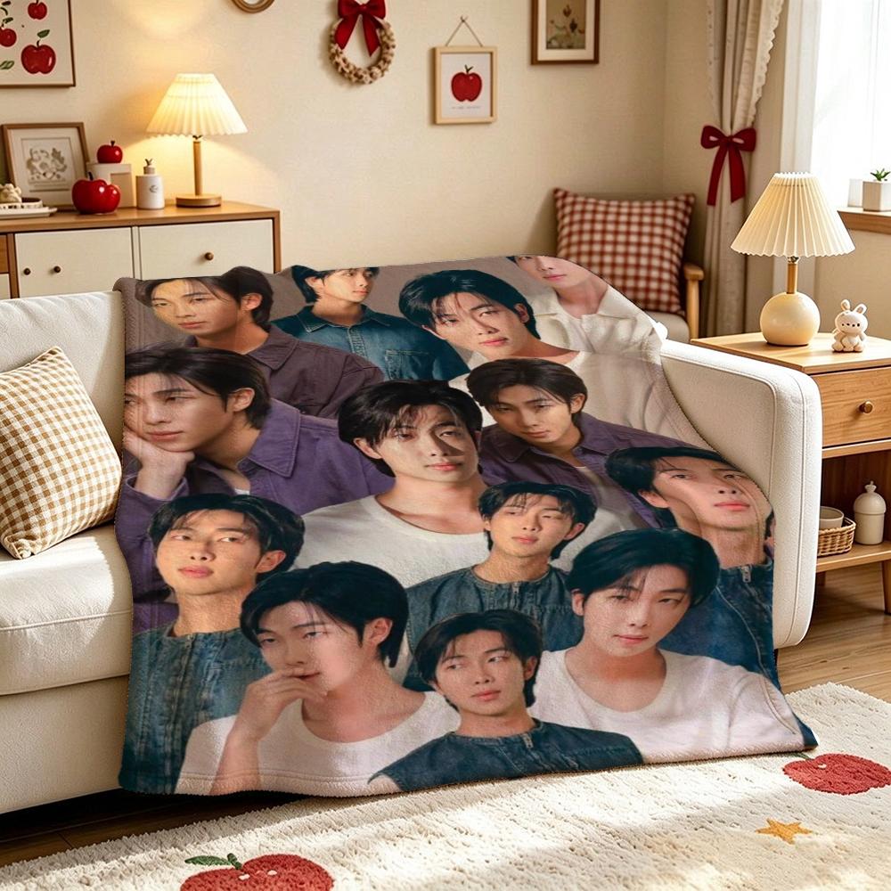 Kim Namjoon Rm Portrait Collage Print Pattern Blanket Soft Comfortable Fleece Blanket For Living Room Bedroom Recliner Home Party Decor Memorial Gift