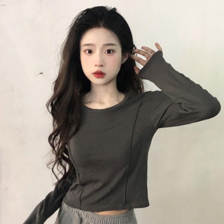 

Нишевый специальный короткий топ на косточках, черная футболка с длинным рукавом для женщин, базовая рубашка на раннюю весну и осень XL серый