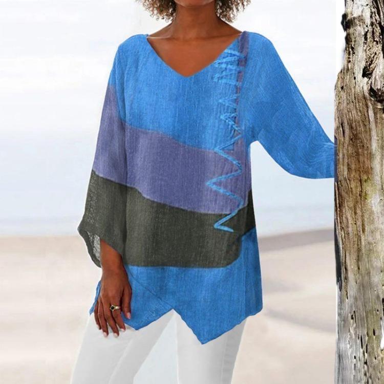 Art Print V Neck Loose Casual Women Long Sleeve Top Irregular Hem