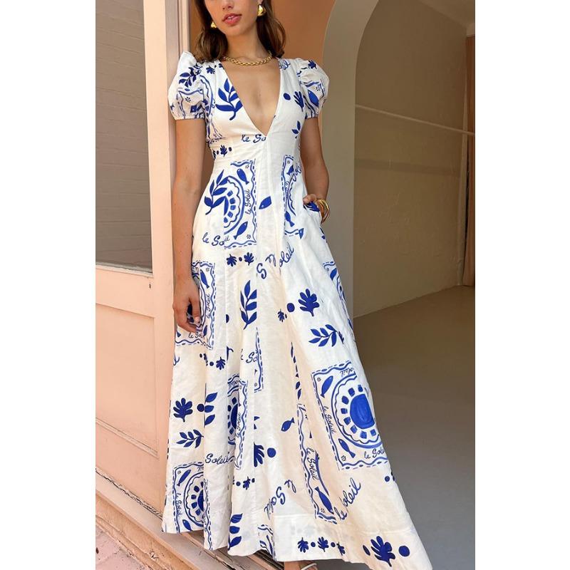 

Платье из хлопка и льна с глубоким вырезом, V-образным вырезом, модным принтом, рукавами-фонариками XL