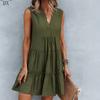 DX~~2023 Summer Europe and America V-neck Sexy Solid Color Dress Irregular Splice Sleeveless Commuter Big Swing Dress Women