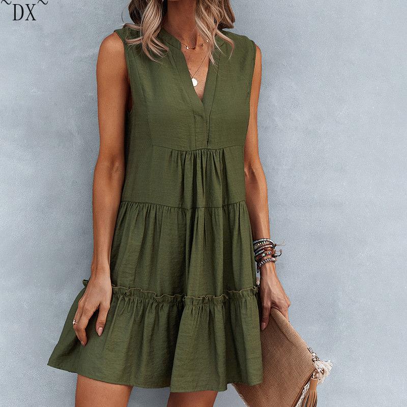 DX~~2023 Summer Europe and America V-neck Sexy Solid Color Dress Irregular Splice Sleeveless Commuter Big Swing Dress Women