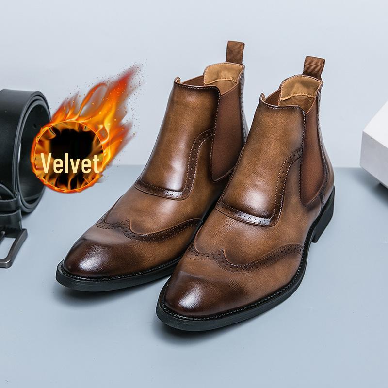 Men s Winter Plus Velvet High-Top Leather Boots, Large Size Retro Slip-On Martin Shoes 43