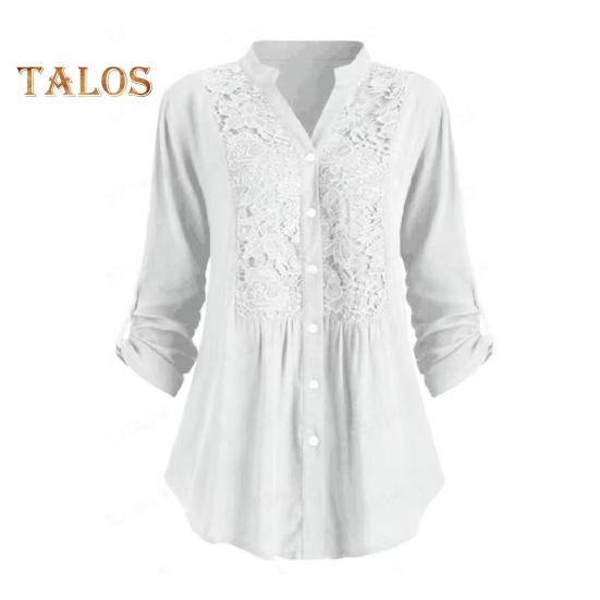 

Женская рубашка с запонками, V-образным вырезом, на пуговицах, средней длины, кружевная свободная блузка больших размеров с цветочной вышивкой, с длинными рукавами для поездок на работу, свиданий и повседневных поездок L белый