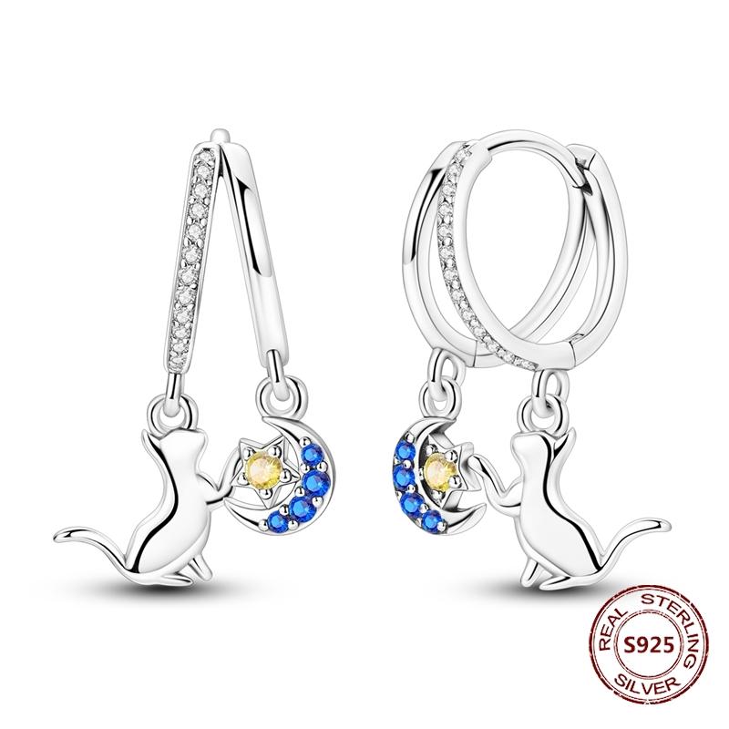 Shining Blue Zircon Owl Earrings 925 Silver Evil Eyes Earrings for Women Wedding Engagement Planet Moon Star Zirconia Jewelry