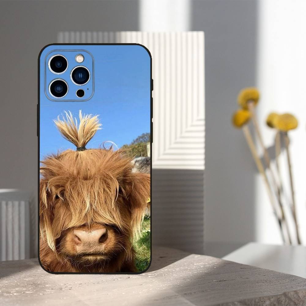 Cute Art Highland Cow For iPhone 12,14,13,15,16,11,17,X,Mini,XR,SE,XS,Plus,Pro,Max,8,7,Soft Silicone Black Case