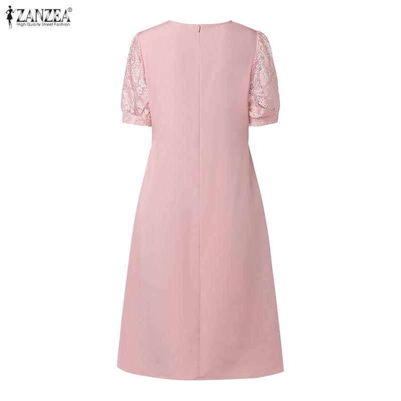 ZANZEA Women Lace Patchwork Casual Round Neck Short Sleeve Dress