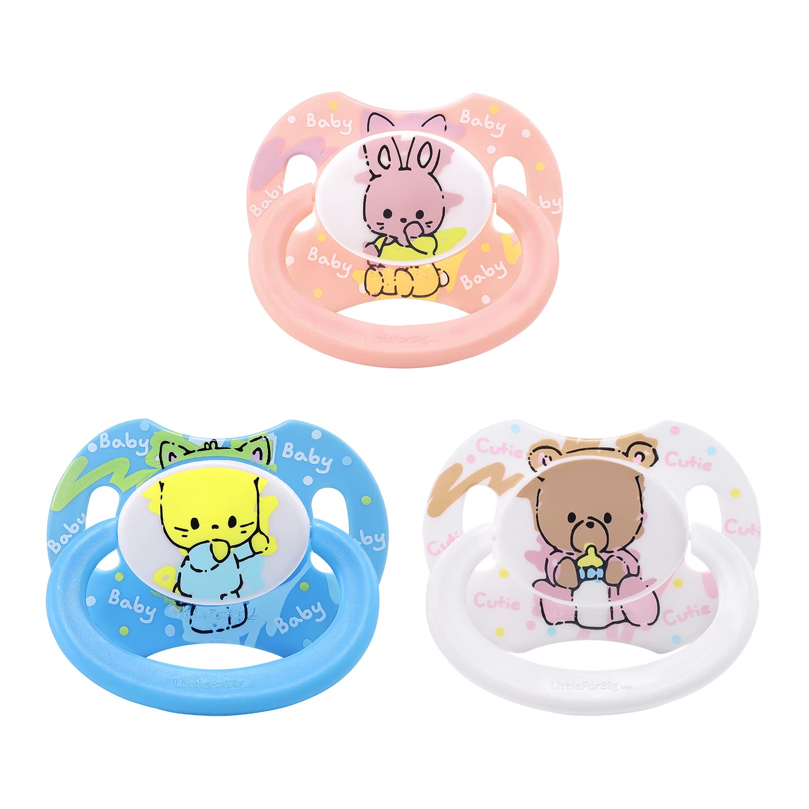 

LittleForBig Adult New 2nd Generation with Lids Set of 3 Pink White Pacifiers, [Baby Cuties] (Blue Kitty, Bunny, Bear)