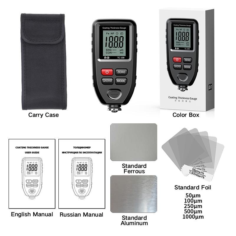 R&D TC100 Coating Thickness Gauge 0.1micron/0-1300 Car Paint Film Thickness Tester Measuring FE/NFE Russian Manual Paint Tool