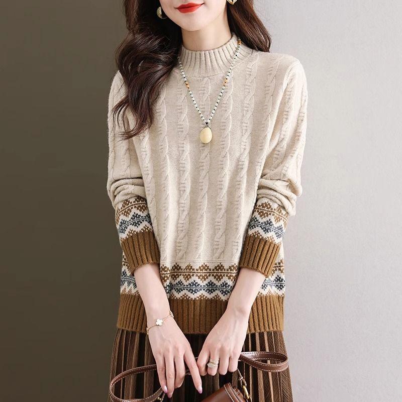 Geometric Pattern Mock Neck Sweater, Casual Long Sleeve Sweater for Fall & Winter, Women's Clothing