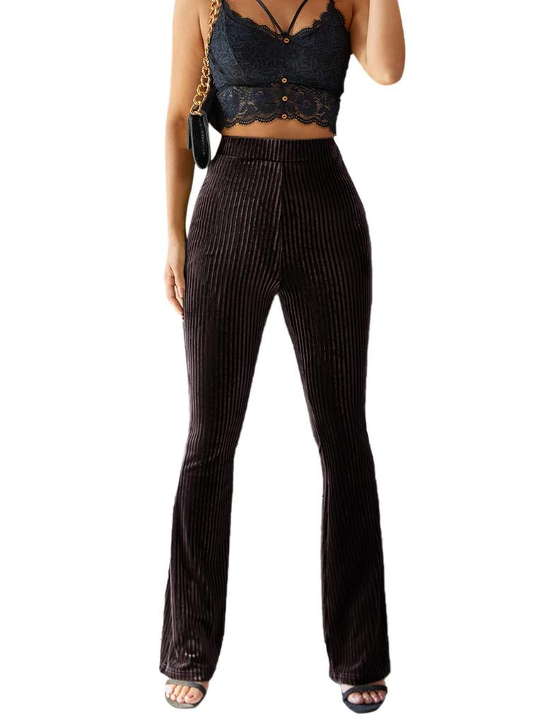 Women's Fashion Sexy High Waist Gold Velvet Ribbed Flared Pants