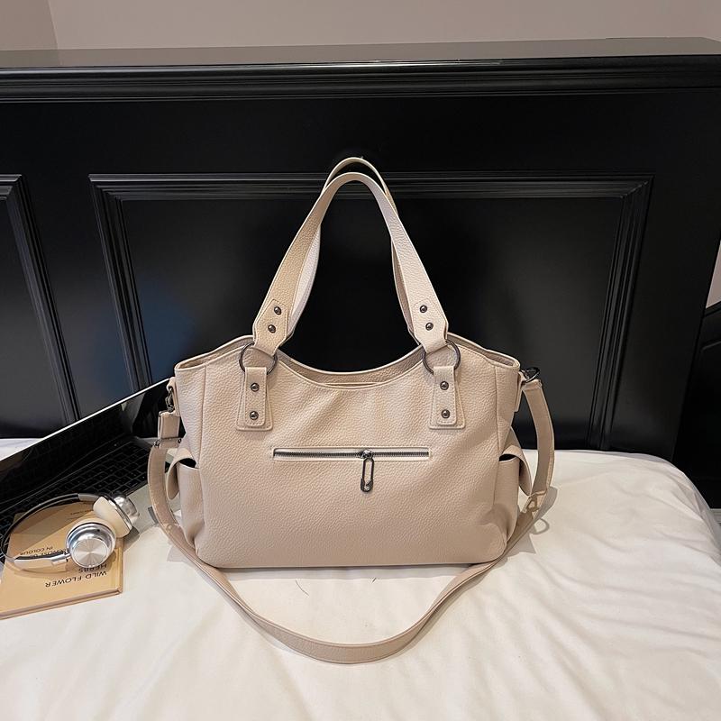PU Shoulder Bag Women's Fashion Tote with Star Stud Detail and Dual Side Zip Pockets