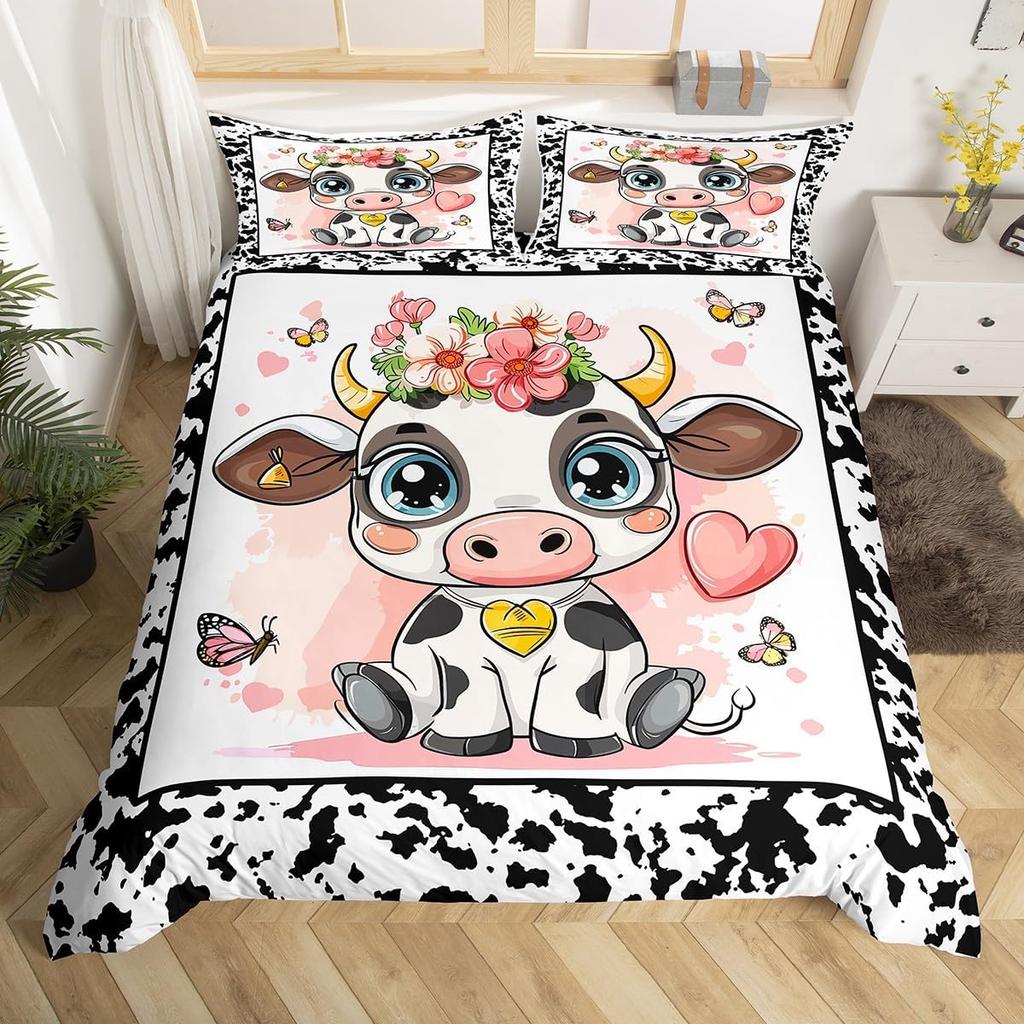 Cartoon Farmhouse Duvet  Cover Set Queen King Size Cute Cow Farm Animal Bedding Set 3 Piece Set with 2 Pillowcases No Quilt