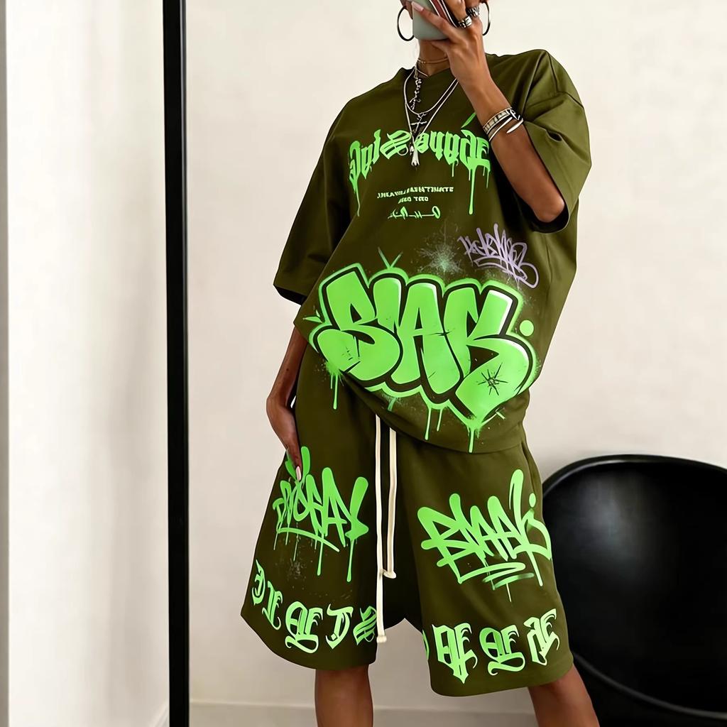 Hip-hop Style Printed Short-sleeved Suit Women's Casual Loose Top and Shorts Are Breathable, Lightweight and Trendy Versatile Two-piece Set