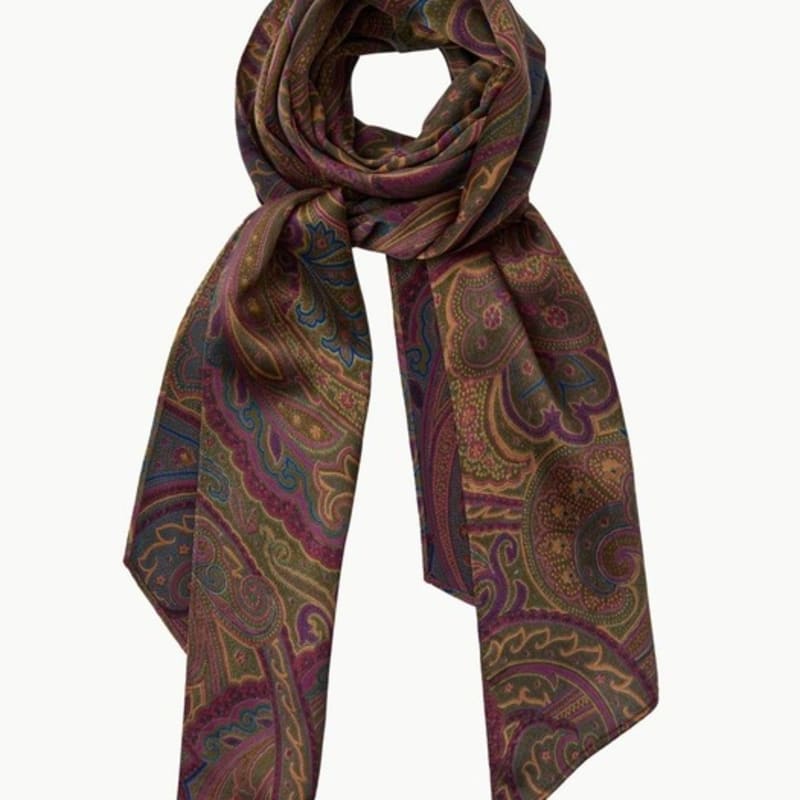 KUME Patterned Skinny Silk Scarf, Khaki
