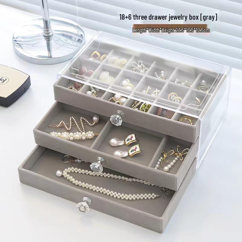 Three-Layer Velvet Jewelry Storage Box with Dustproof Acrylic Cover