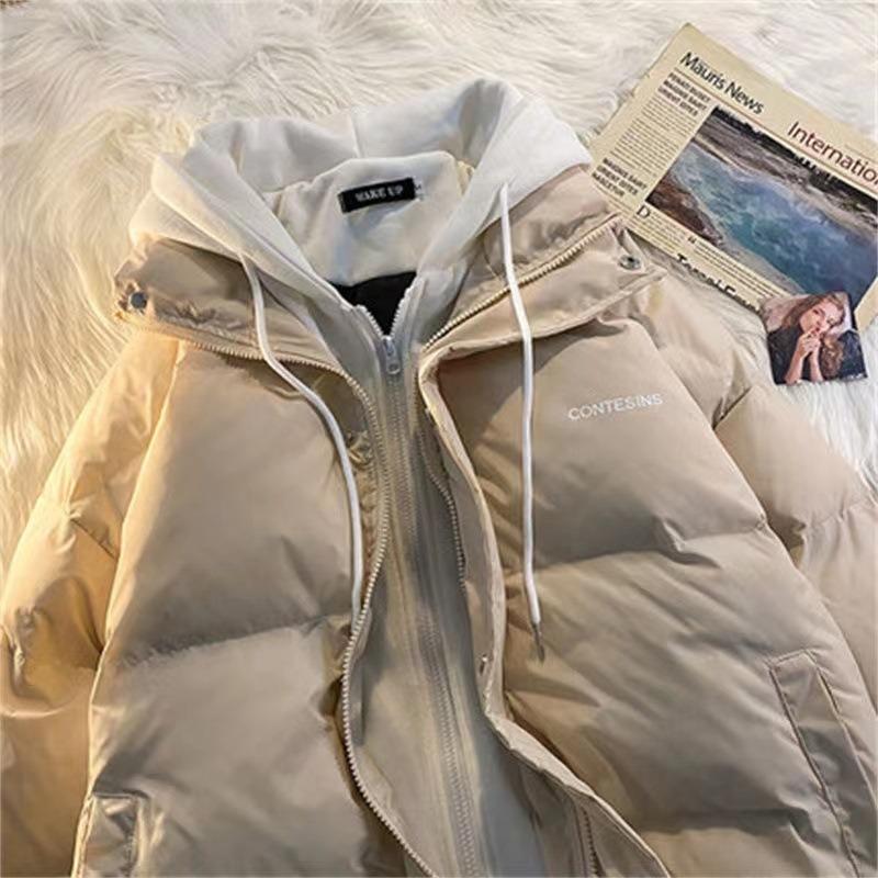 Fake two-piece hooded pink cotton jacket schoolgirl loose cotton coat thickened casual bread jacket