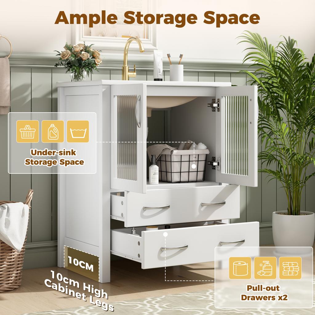 61 Cm Freestanding Vanity Unit In High-Gloss White with Ceramic Sink, Fluted Glass Doors, Storage Drawers, Silver Handles, Without Tap