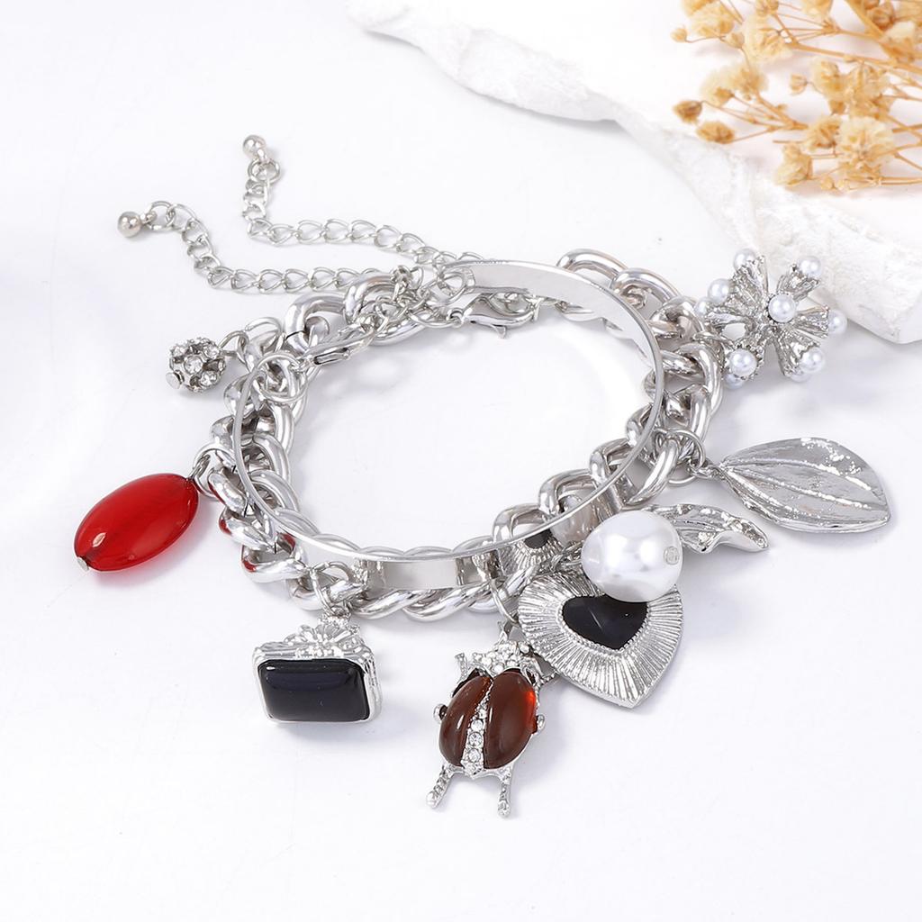 Personalized fashion trend Double layer stacking wearing retro insect love and other pendants Chain bracelet Versatile casual