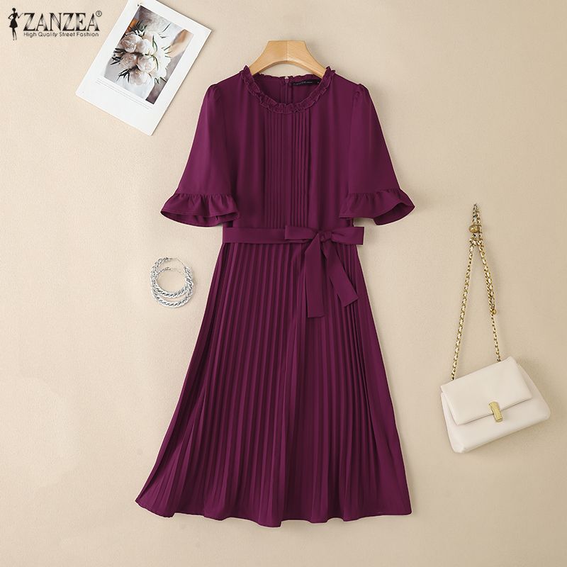ZANZEA Vestido Casual de Mujer con Cuello Redondo, Color Sólido y Manga Corta
