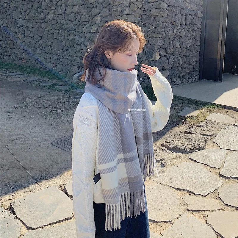 Winter Imitation Cashmere Scarf Korean Fashion Fringed Plaid Scarf Women's Dual-use Lengthened Thick Shawl Scarf