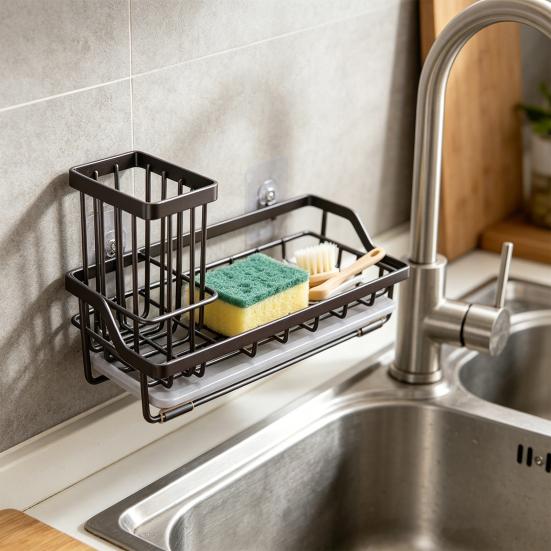 Kitchen Sink Sponge Holder with Drip Tray Stainless Steel Sink Caddy Organizer Non-Slip Pads Countertop Storage for Sponges Dish Soap Brushes