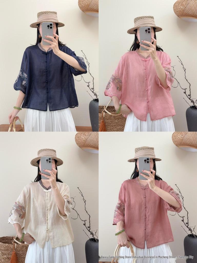 2026 Summer Women's Embroidered Ramie Shirt - Artistic Chinese Style, Stand Collar, Three-Quarter Sleeves