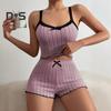 2 Pcs/Set Women Summer Pajamas Suit Shirring Edge Sleeveless Backless Crop Top Lace Bow Decor High Waist Mini Shorts Daily Nightie Slim Fit Sleepwear