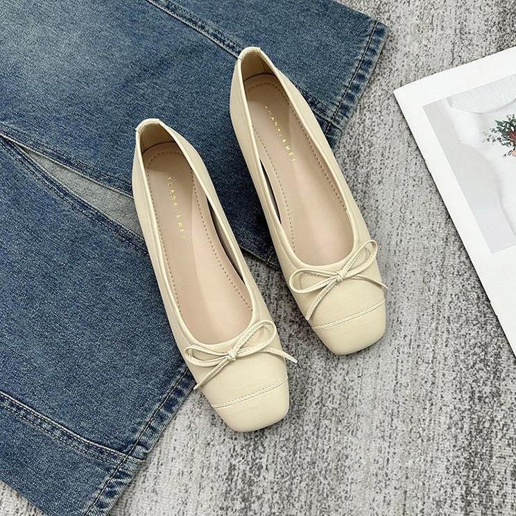 Shallow flat-soled single shoes women's 2025 autumn new bow French ballet shoes thick heel soft sole gentle evening shoes