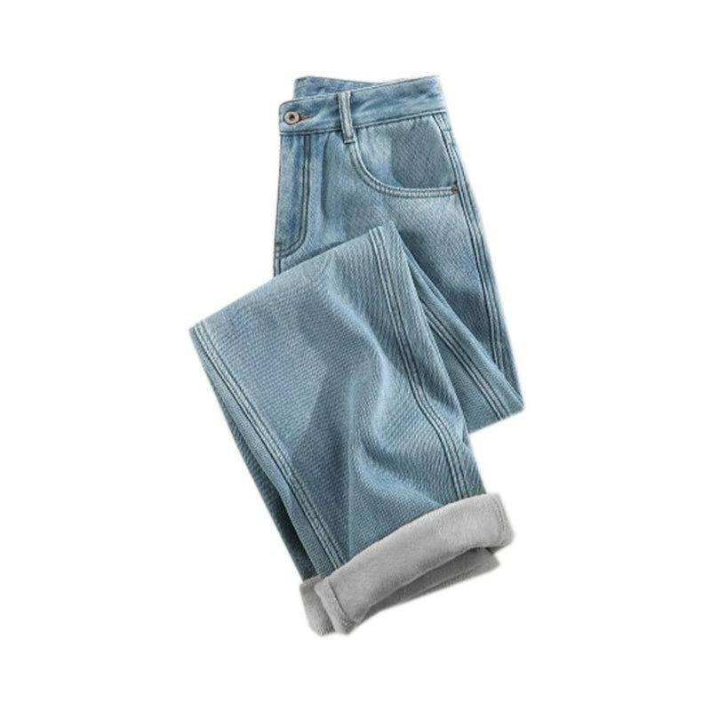 Plus Velvet Thick Jeans Women's Autumn and Winter Warmth, Wide-leg High-waist Drape Mopping Pants, Thin Straight Loose Long Pants