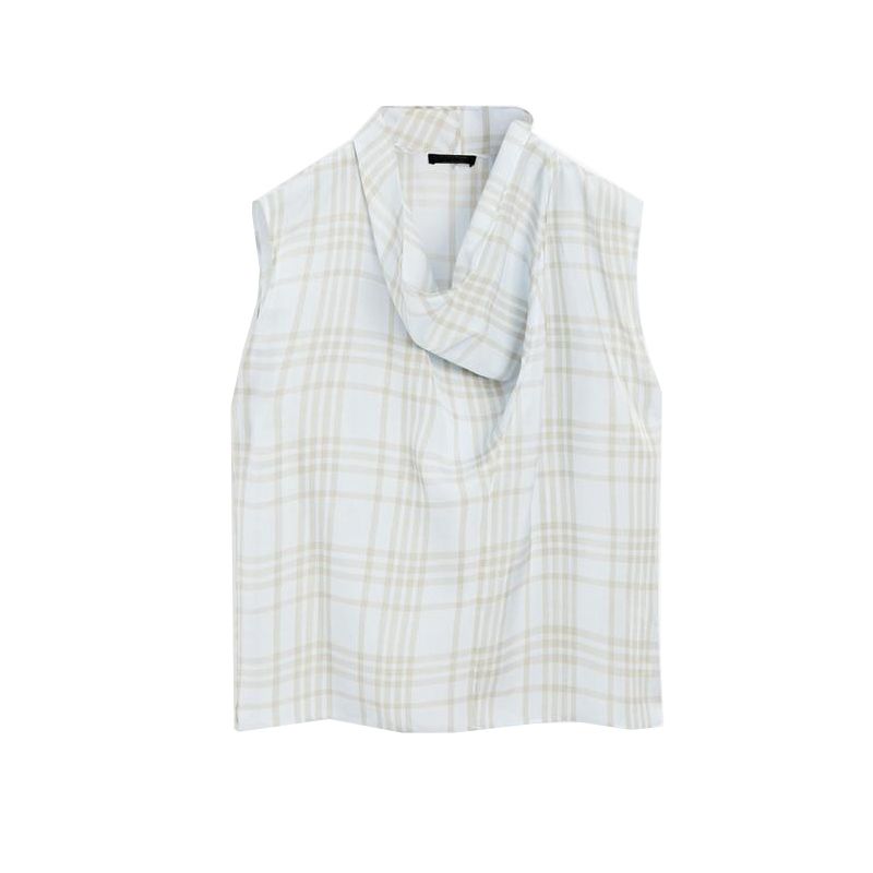 

MD Spring/Summer New Arrival Women s Clothing Casual Commute Style Oxygen Plaid Draped Collar Sleeveless Shirt 5115884 Sky Blue M