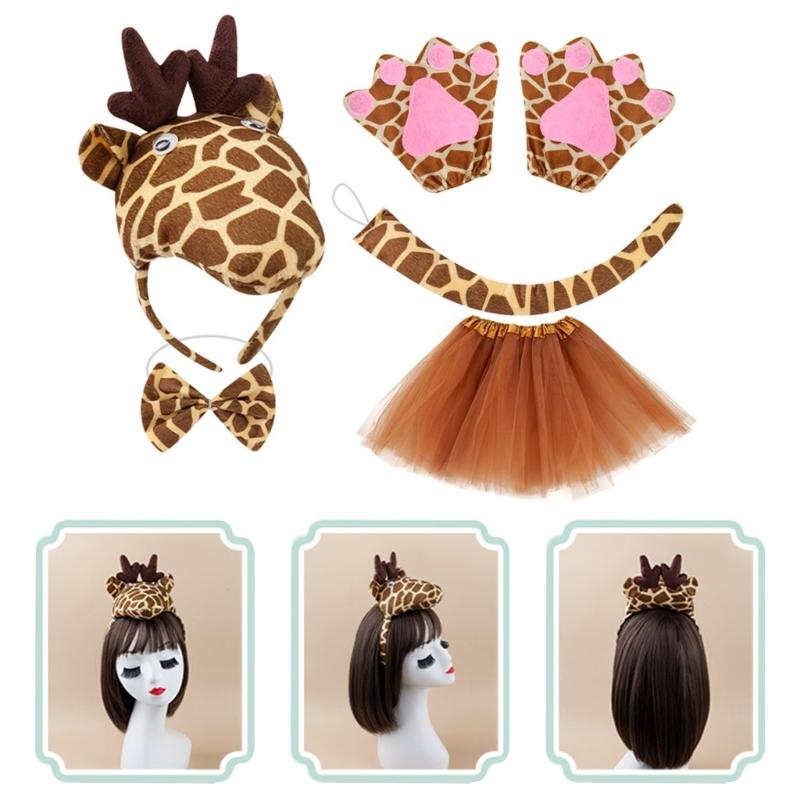 1/3/4/5Pcs Kids Girls Giraffe Costume Accessories Set Giraffe Ears Headband Bowtie Giraffe Tail Tutu Skirt for Animal Party