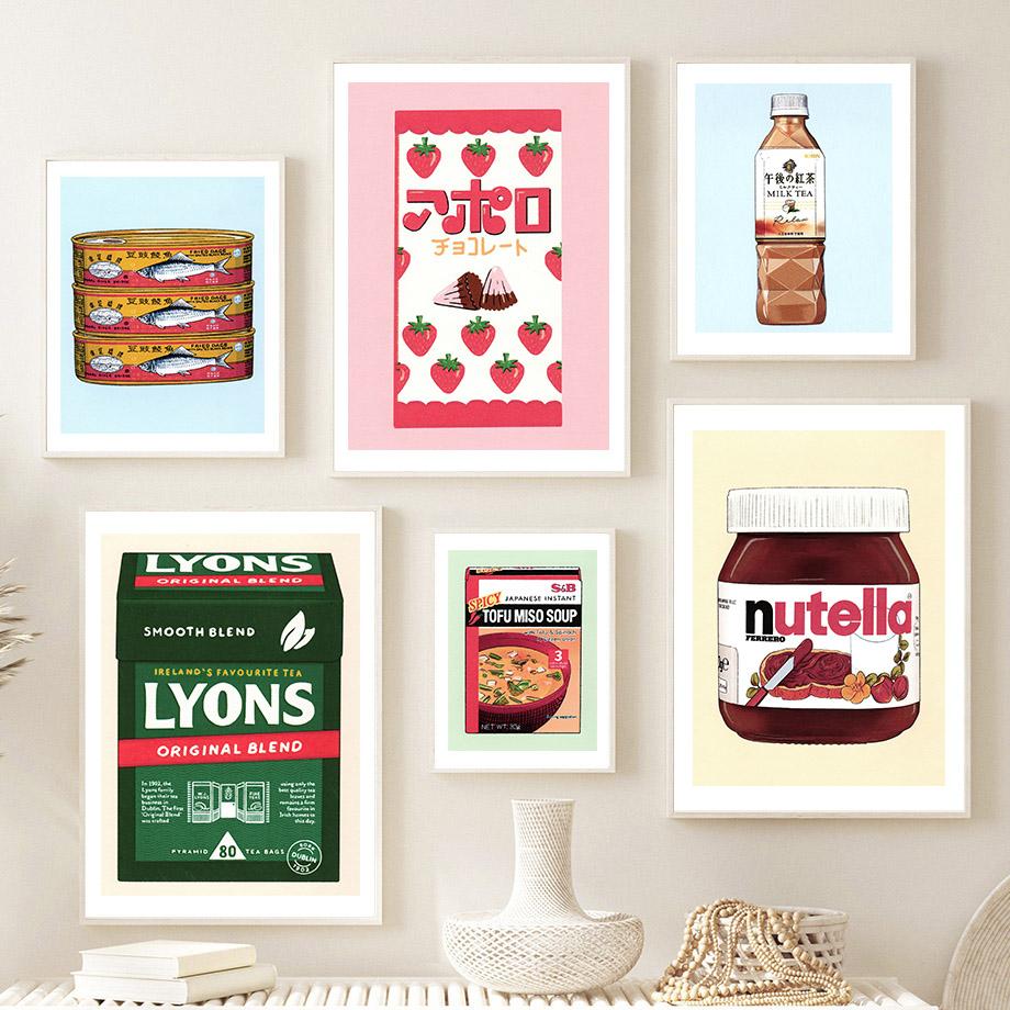 Japońska zupa Sardynka w puszkach Truskawka Róża Herbata Jedzenie Wall Art Painting Nordic Plakaty Zapakowane zdjęcia z nadrukiem Wystrój salonu