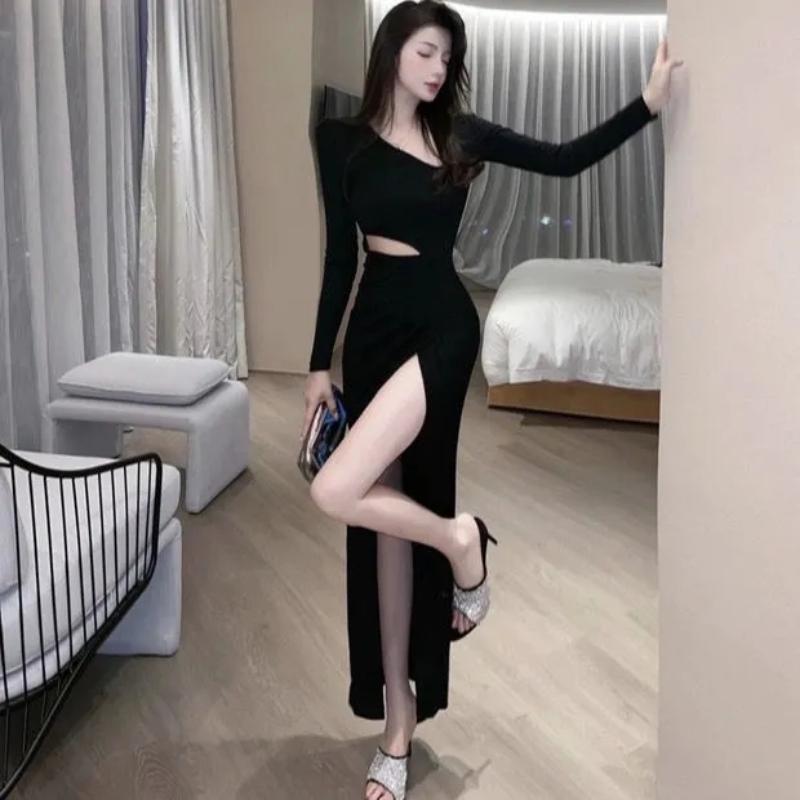 Bodycon Wrap Slim Split Dress Women Office Ladies Hollow Out Design Black Dresses Outfits Y2k Korean Fashion New In