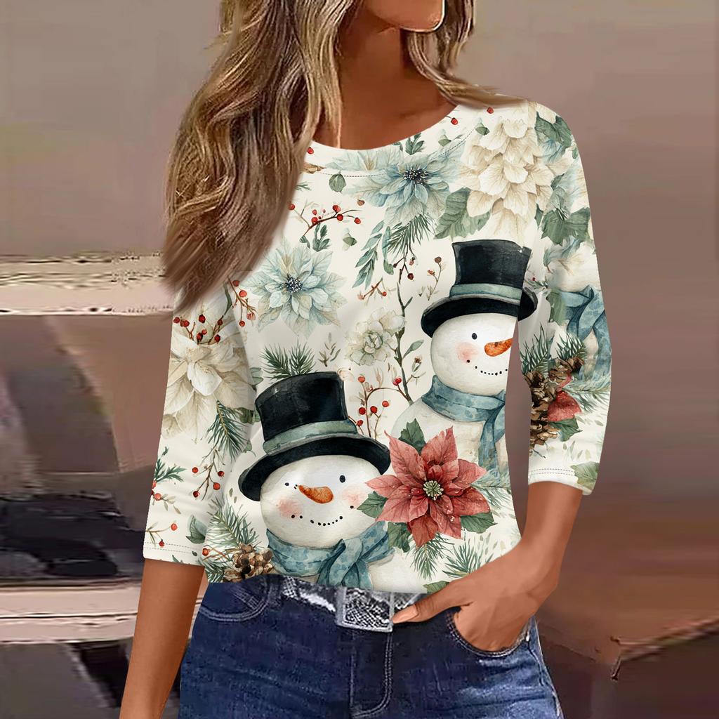 3/4 Length Sleeve Womens Tops Floral Print Vintage Fashion Casual Loose With Round Neck Plus Size Shirts