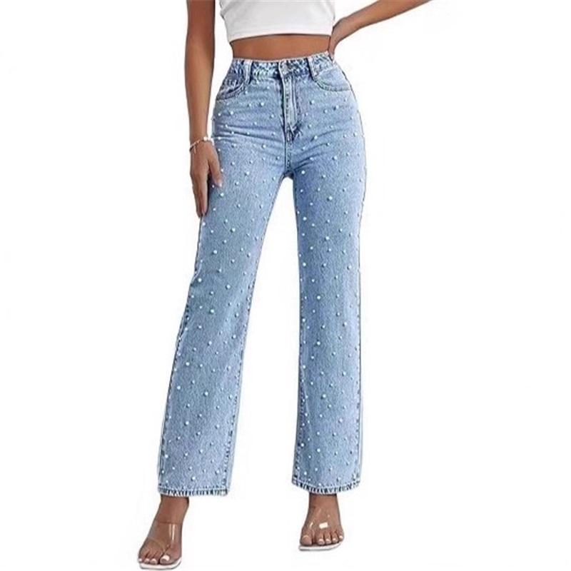 Fashionable Casual Women s Denim Beaded Washed Trousers 2XL светло-синий