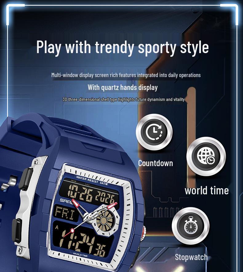 SANDA Barrel-Shaped Men's Watch: Dual Display, 50M Waterproof, Luminous, World Time, Stylish & Versatile