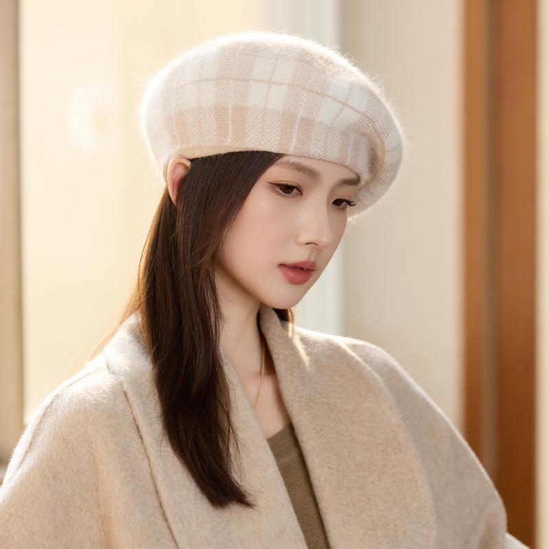 Winter Hat Women's Windproof Painter Hat Plaid Striped Beret Fashion Thermal Hat Hat for Women, Autumn Winter Versatile Warm Cold Weather Cap