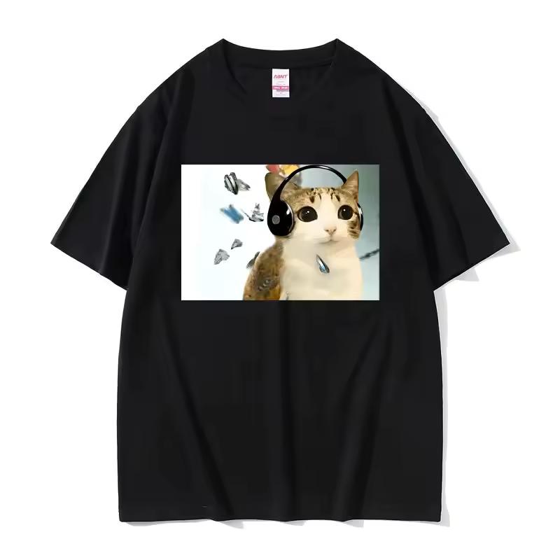 Unisex Fashion Oversized Short Sleeve Funny Meme Print of Cat Owl Curse Internet Miau Pattern Casual Humorous T shirt