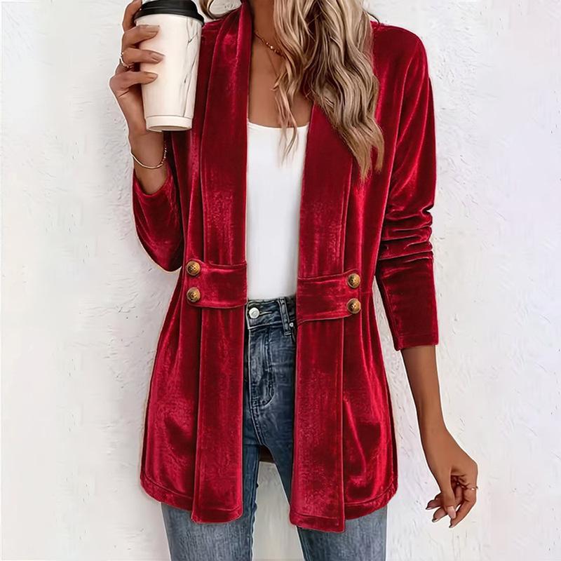 New autumn and winter women's golden velvet versatile cardigan solid color loose double-breasted medium and long coat