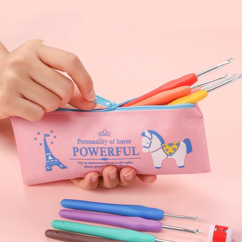 Cartoon Horse Printed Canvas Pencil Bag Korean Pencil Case Large Capacity Storage Bags Student Stationery Pouch School Supplies