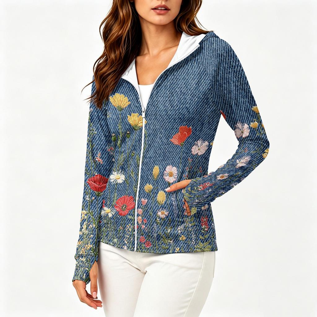 Women's Long Sleeve Zip Up Hoodie Lightweight Sun Protection Jacket with Hood and Pockets Floral Print Outdoor Activewear