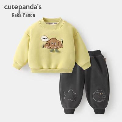 Kaka Panda Kids' Fleece-Lined Hoodie & Pants Set - Winter Warmth for Boys & Girls