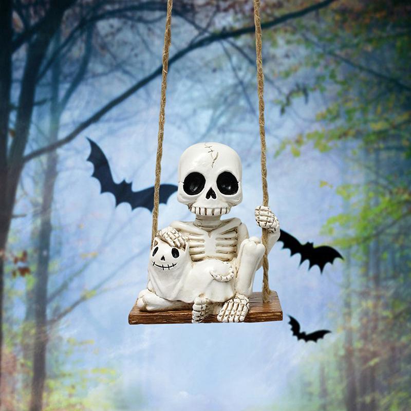 Swing Skeleton Holding Ghost Cat Garden Statue Outdoor Halloween Decor, 3.14 Inch Cute Skull Figurine Resin Sculpture