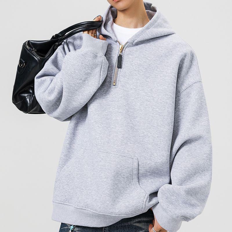 Solid Color Half Zip Hooded Sweatshirt Men Loose Casual Daily Pullover Hoodie