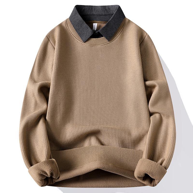 

Mens Fleece Lined Waffle Knit Fake Two Piece Shirt Collar Pullover Sweatshirt M хаки