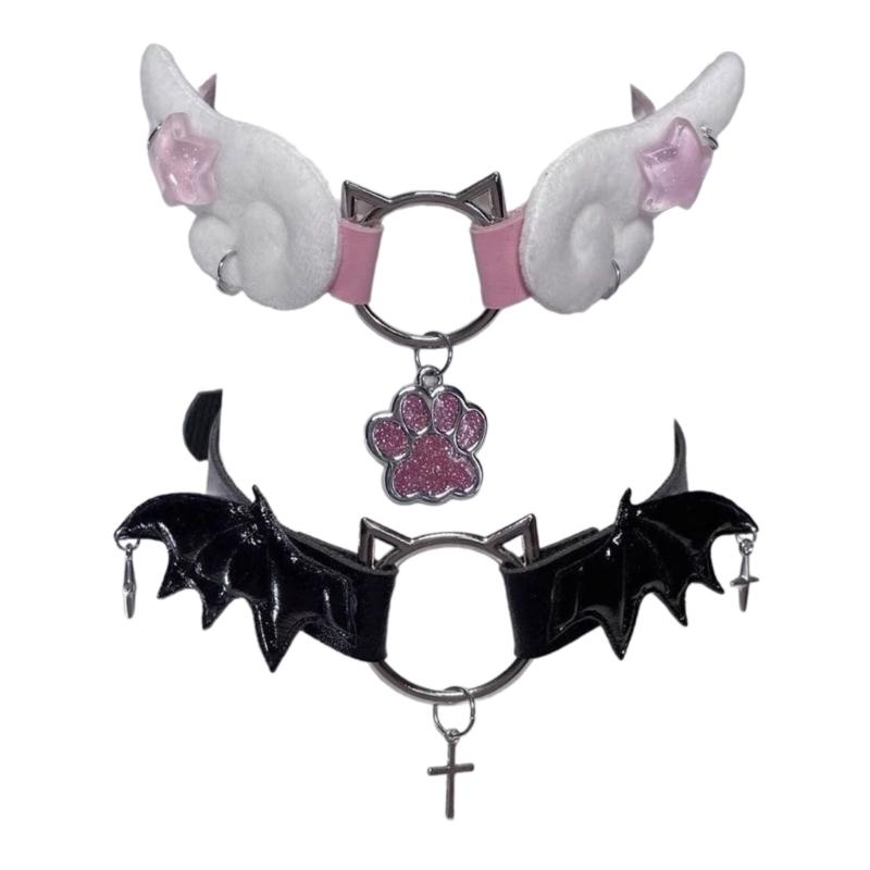 Punk Cat Necklaces Leather Wing Chokers Wing Necklaces Goth Neck Strap Alloy Material Party Accessories for Hot Girls