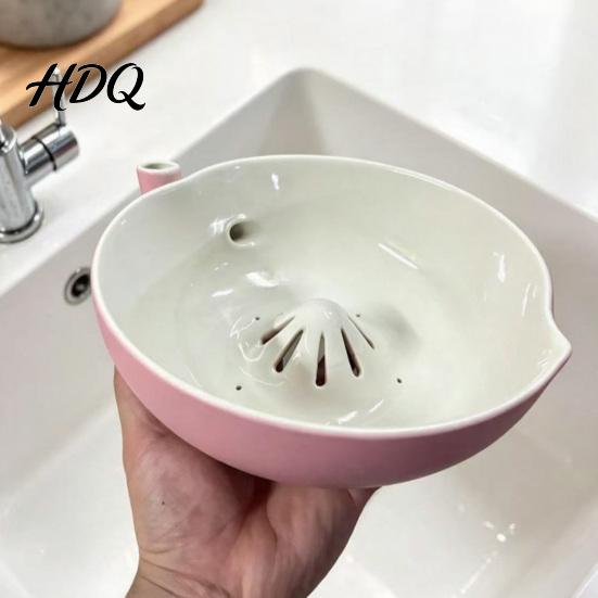 Ceramic Serving Bowl for Grapes Berry Washing Bowl Raised Center Drainage Hole Fruit Rinse Small Herbs Self-Spinning Colander Kitchen Countertop