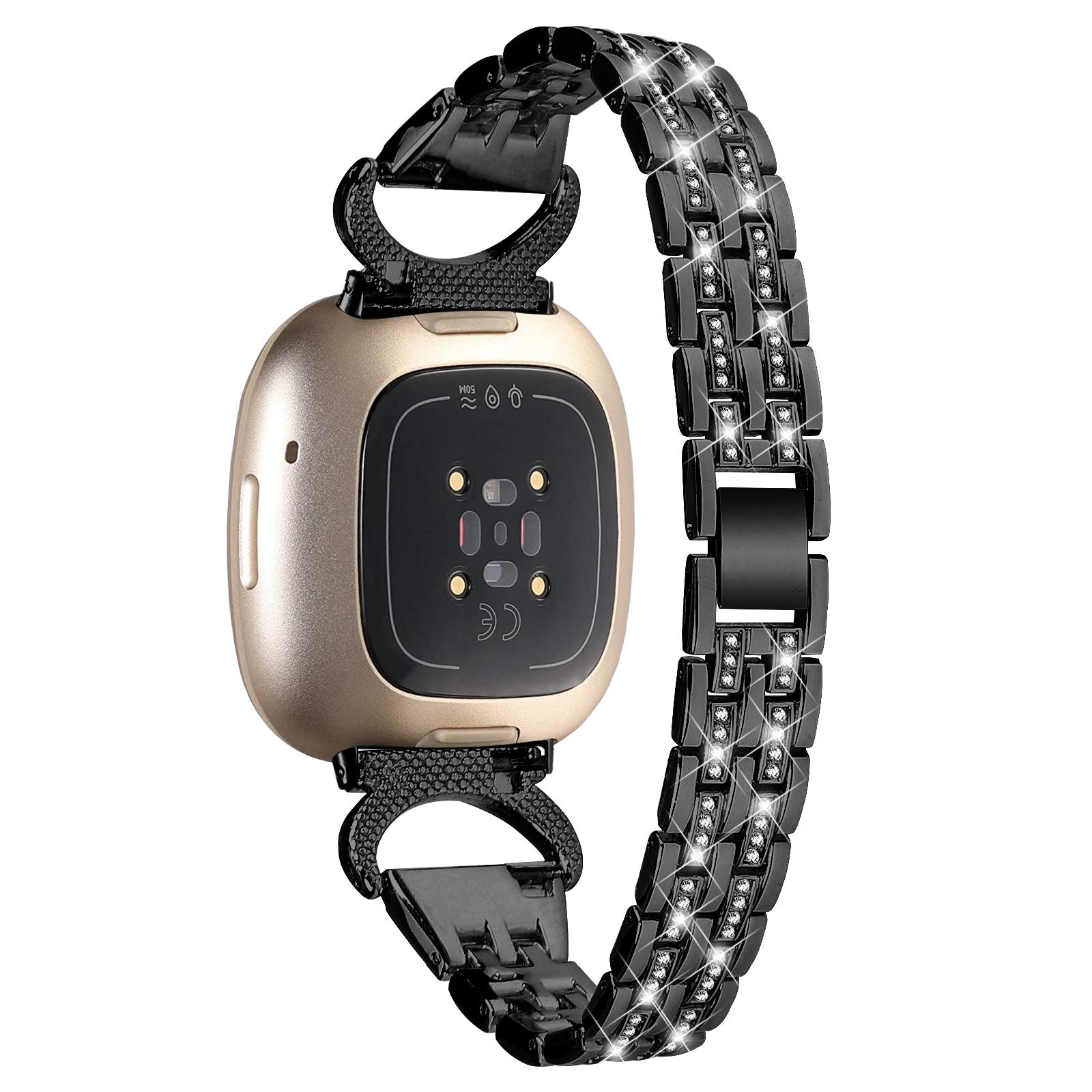 

For Fitbit Versa 4/Sense 2 Bling Rhinestone Decor Band 5-Bead Stainless Steel Watch Strap Bracelet Black