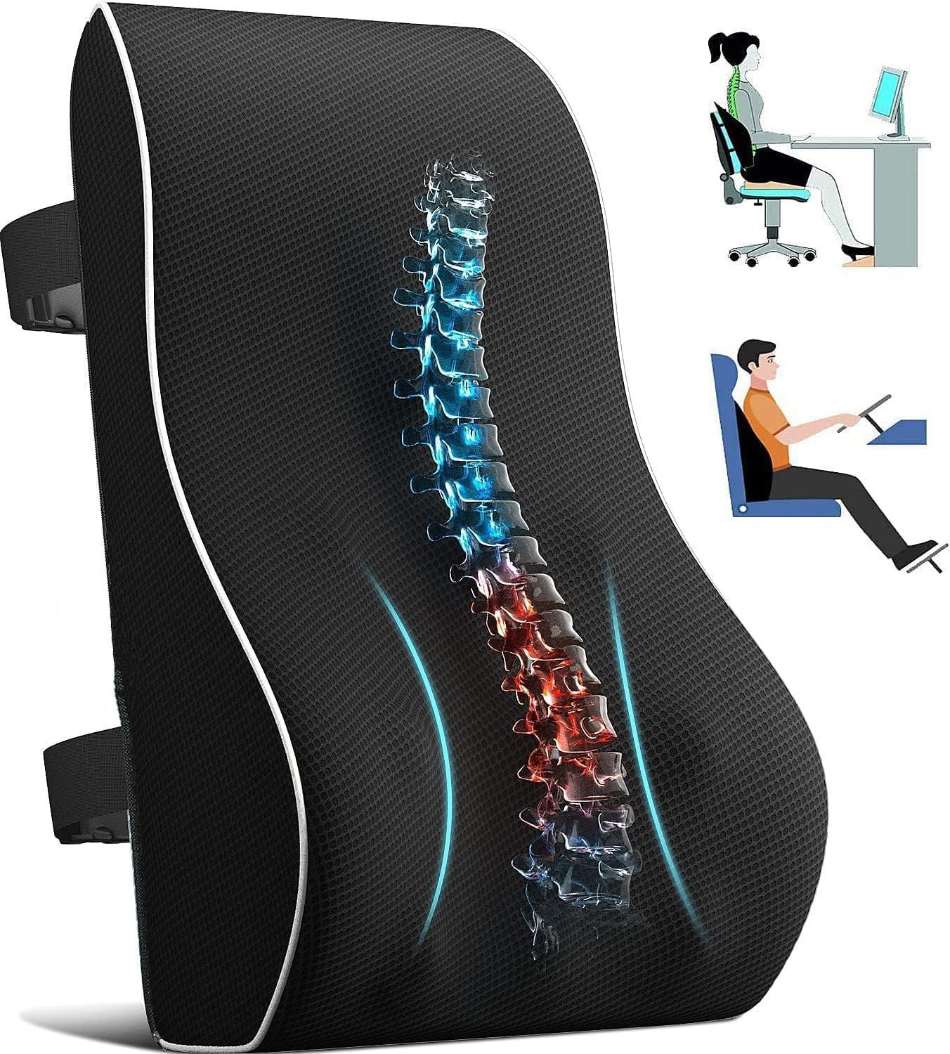 

Memory Foam Lumbar Pillow for Lower Back Pain - Adjustable Support, Breathable Mesh, Universal Straps for Office Chair & Car.